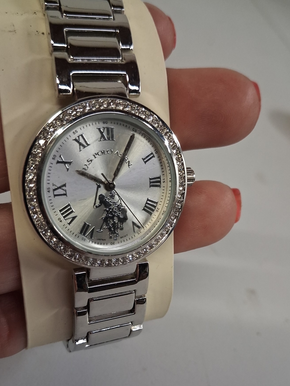 NWOT U.S. Polo Assn. Women's Silver Crystal-Accent Bracelet Watch
